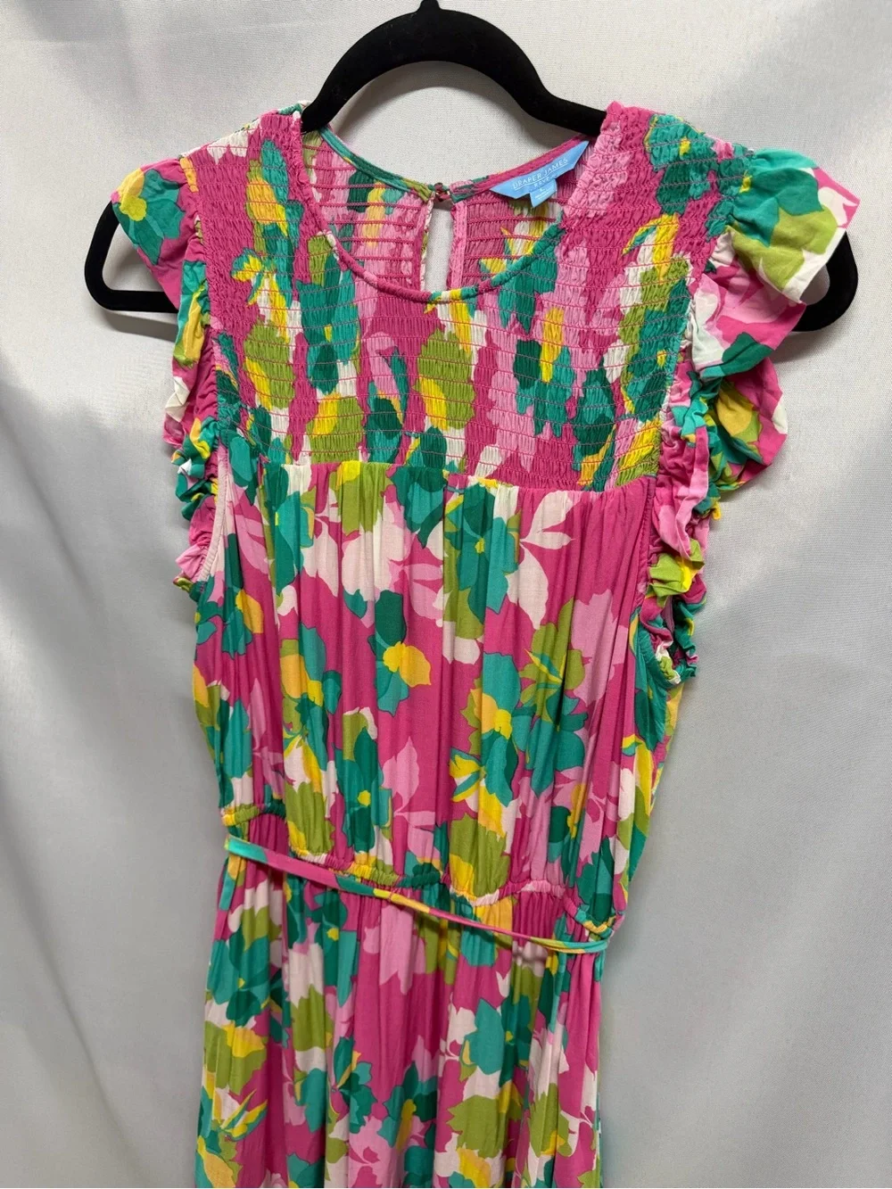 Draper James Floral Sundress Pink Smocked Midi Dress Ruffle Sleeve Belted Large
